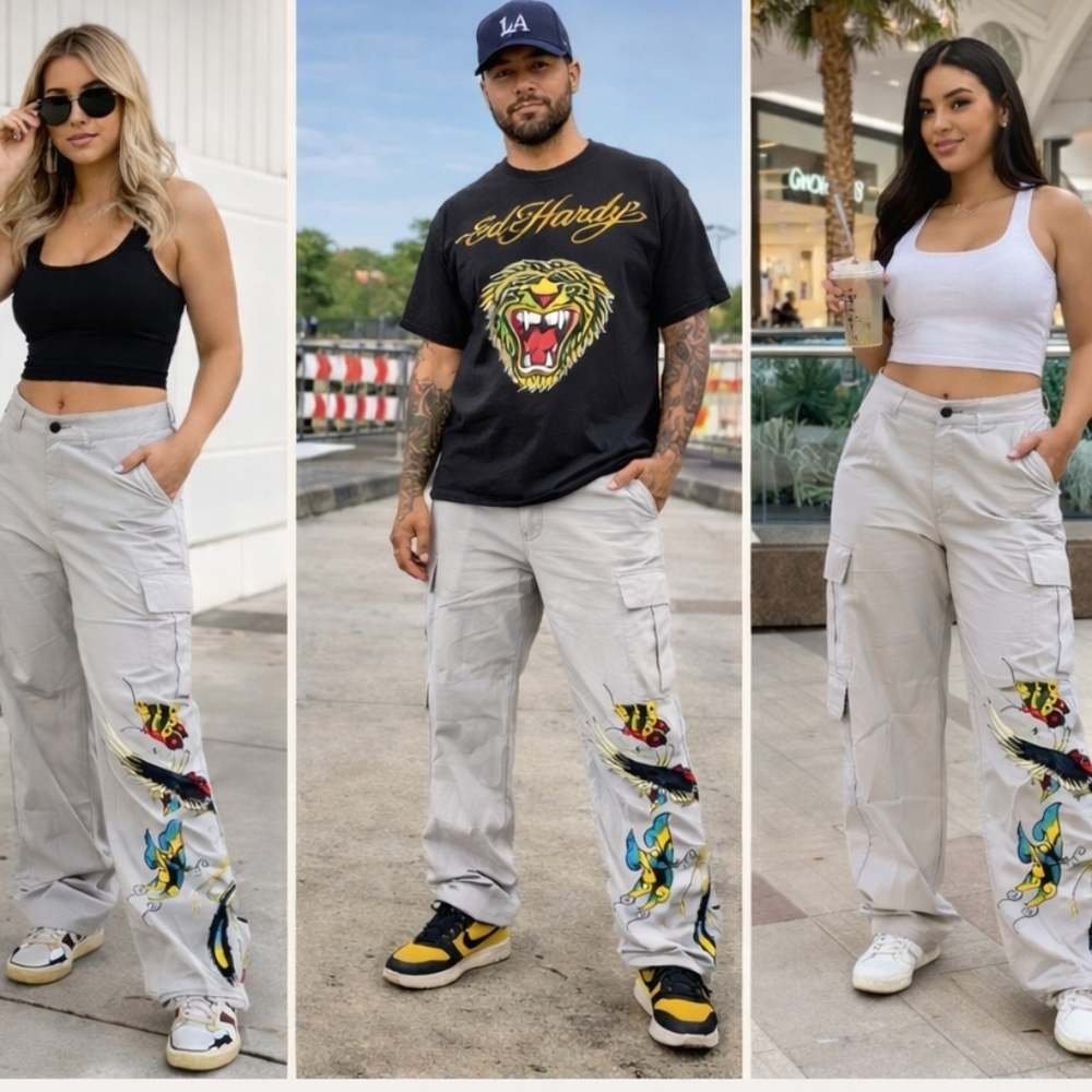 Ed Hardy Unisex Light Grey Cargo Pants- Multicolor Side Tattoo Graphics NWT-L